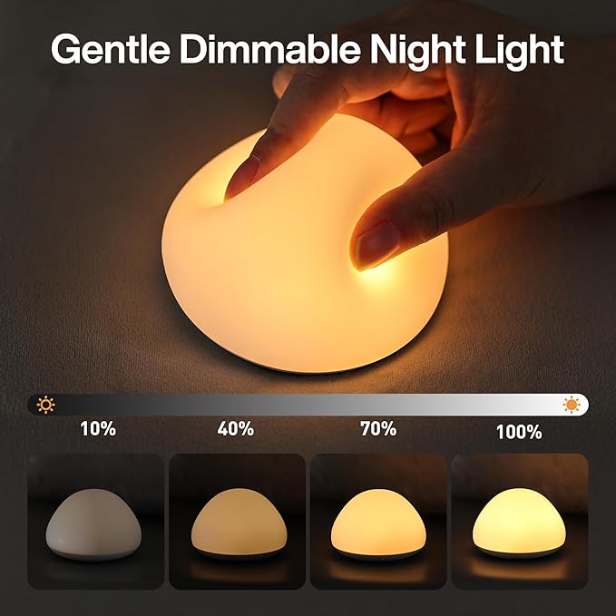 JolyWell Baby Night Light for Nursery, Soft Silicone Tap Control Night Lamp with 8 Color Changing, Stepless Dimming, Rechargeable Portable Night Light for Kids, 1H-Timer, Warm Light for Breastfeeding