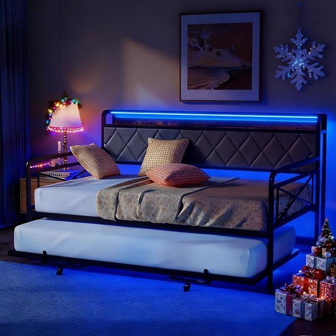 VINGLI Full Daybed with Trundle Bed, Upholstered Day Bed with LED Light & Charing Station, Sofa Bed Frame with Storage Headboard and Heavy Duty Metal Slats, for Living Room, Bedroom, Guest Room, Gray