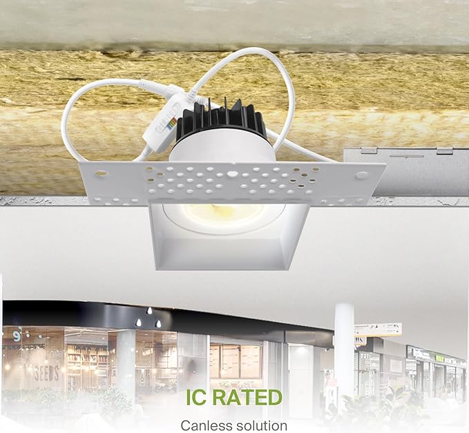 ASD Trimless 3 Inch LED Recessed Lighting, 12W 120V Commercial Square Downlight, Canless Dimmable Lights for Ceiling with J-Box, 5 CCT 2700K-5000K, CRI 90+, IC Rated, ETL, White