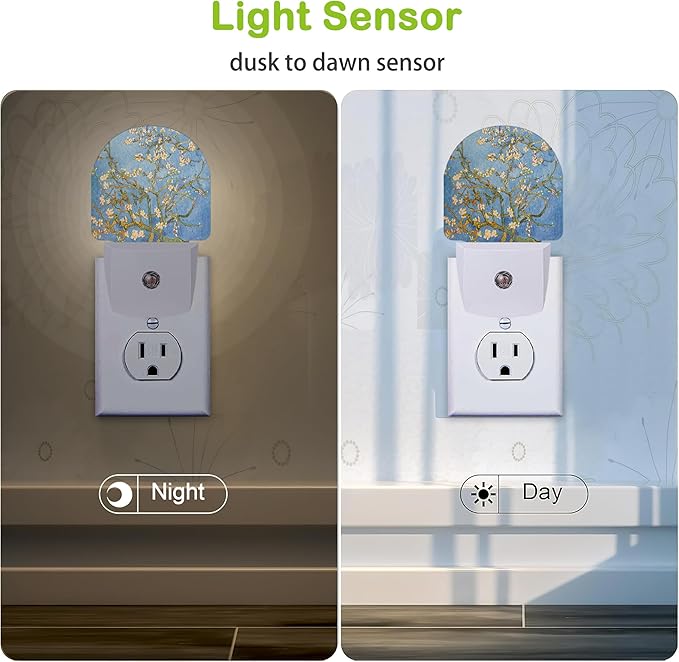 Van Gogh Almond Blossom Night Light, Dusk to Dawn Sensor Night Lights for Bedroom Bathroom Kitchen Hallway Stairs Hallway, Plug into Wall Nightlights