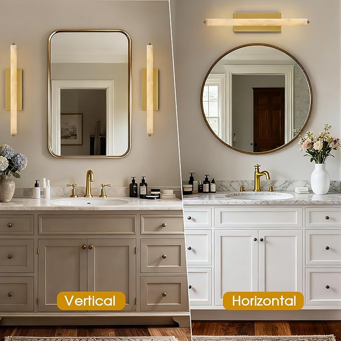 Alabaster Wall Sconce, 25" Natural Marble Wall Sconce, Gold Alabaster Single Sconces, Brass Modern Bathroom Sconces, Indoor Wall Lighting for Living Room, Bedroom, Hallway, Staircase