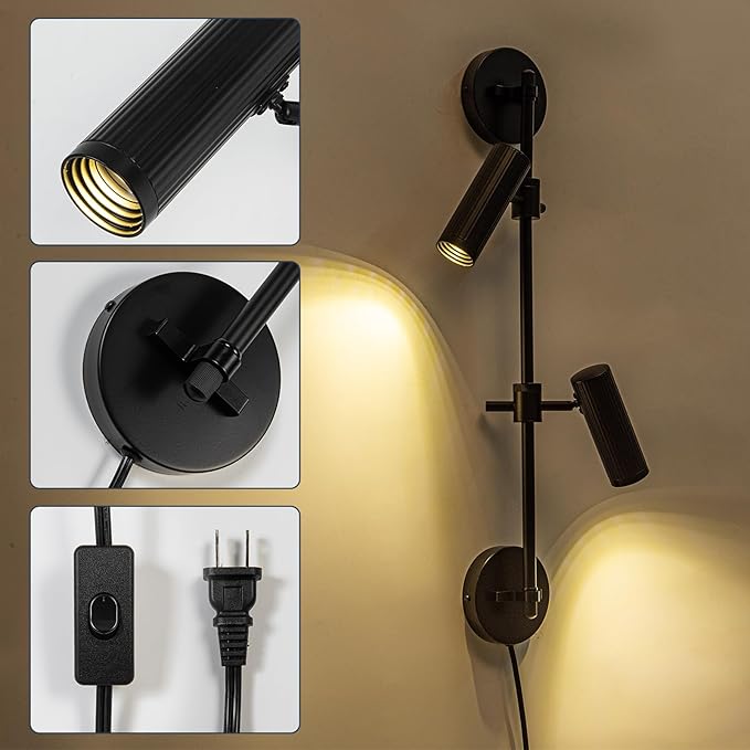 Plug in Wall Sconces, Black 2 Lights Rotatable Wall Lamp with Switch Cord Wall Mounting Lighting Fixtures for Bedroom Living Room (Bulb Included)