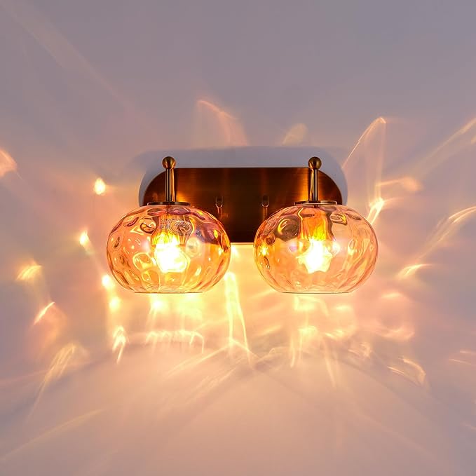 Brushed Gold Vanity Light Amber Hammered Glass Wall Sconce 2-Light Brass Wall Lamp for Hallway Living Room Stairwell Bathroom Over Mirror
