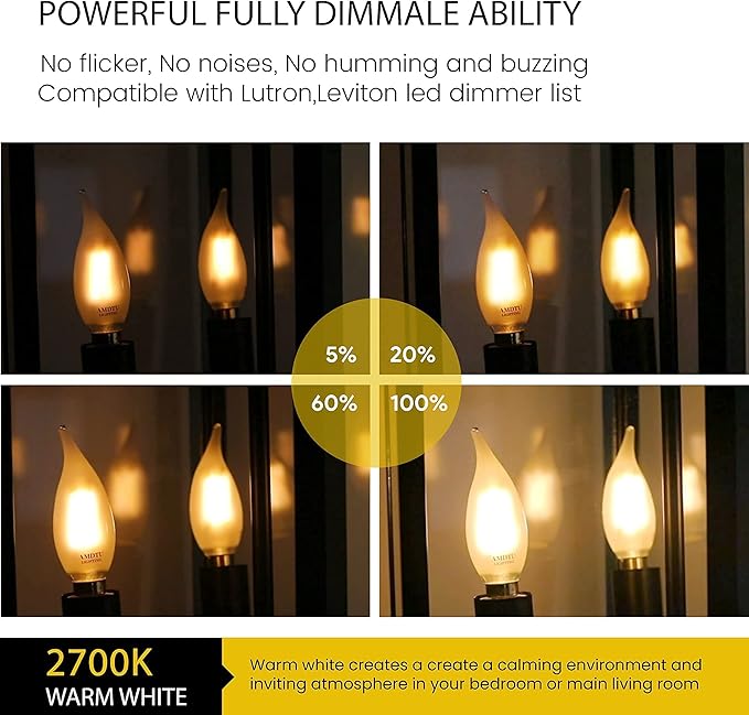 AMDTU 60W Candelabra Light Bulbs LED, Frosted Chandelier Bulb 60 Watt, E12 LED Bulb dimmable Soft White 2700k, Flame Bent Tip Candle Shape, 600 lumens, 2 Pack