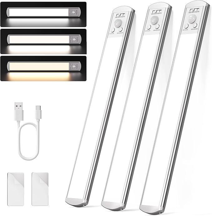 Joyzy 3 Pack Over Sink Light Battery Operated Closet Lightings LED Rechargeable Motion Sensor Counter Light Indoor Magnetic Dimmable Above Kitchen Stove Lights, Wireless Under Cabinet Lights