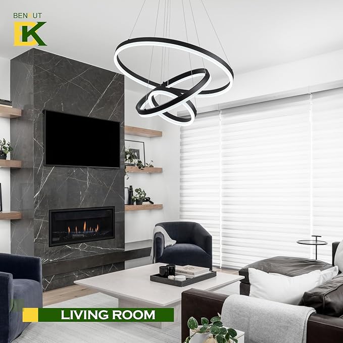 3-Rings D23.6 Modern LED Chandelier Black Dimmable Pendant Lighting with Remote Control Circular Flush Mount High Ceiling Light for Dining Room Living Room Bedroom Entrance Foyer, 3000K-6500K