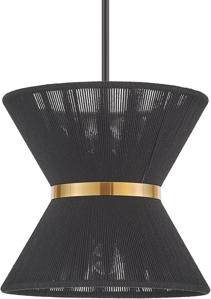 Hand Woven Boho Pendant Light Coastal Mini Modern Chandelier Adjustable Transitional Minimalist Pendant Lighting Fixtures for Kitchen Island Dining Room, Black, Dia 12.2”, UL Listed