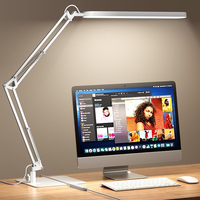 SKYLEO LED Desk Lamp with Slim Base - Adjustable Swing Arm Desk Light, Dimmable, Timer, Eye Protection, Memory Function, 1300LM, 12W, White