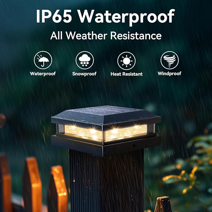Solar Post Cap Lights Outdoor 8 Packs, Waterproof Solar Powered Deck Light for 4x4 4.5x4.5 5x5 Vinyl/Wooden Posts, Black Outside Warm/Cool Lighting Fence Cap Lights with 16LEDs for Garden, Patio