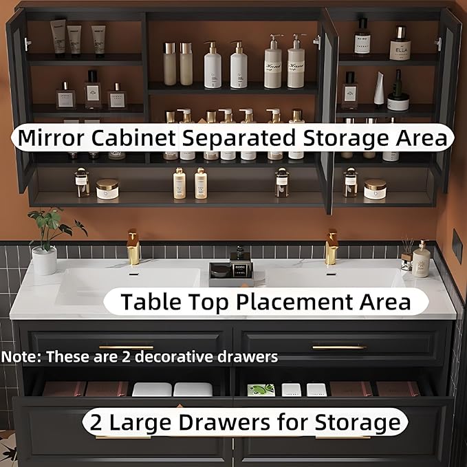72IN Black Bathroom Vanity with Double Sinks - Hanging Cream Bathroom Vanities, Wall-Mounted 0pen Storage with 2 Drawers, Intelligent Defogging & Led Lighting | Integrated Washing Basin
