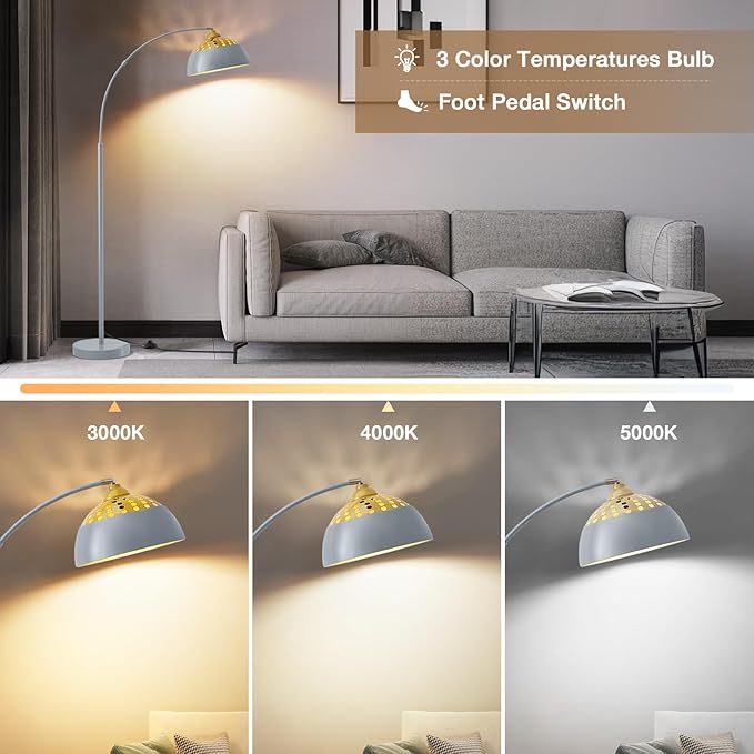 Arc Floor Lamps for Living Room, 71" Standing Lamp with Adjustable Lamp Head, Silver Metal Tall Lamps with Foot Switch, Arched Reading Light for Bedroom, 9W Adjustable Temperatures Bulb Included