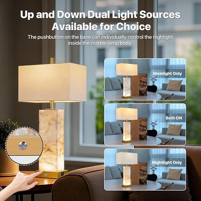 25.6" Alabaster Lamp, Marble Lamp Nightstand Lamps Set of 2, Modern Table Lamp with USB Ports, 3-Color Temperatures Bedside Lamps with Nightlight, Table Lamps for Living Room Bedroom, Bulbs Included