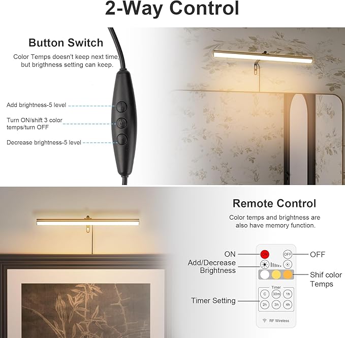 Black LED Picture Light Plug in,15.75 Inches Art Light with Remote, 3 Color Lighting, Artwork Light with in-Line On/Off Switch, Metal