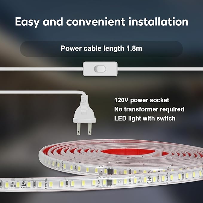 LED Strip Lights 32.8 Foot AC 110V LED Lights Cuttable Rope Light Adhesive Flexible Tape Lighting 10M 6000K Cold White IP67 Waterproof for Kitchen Cabinet Lighting