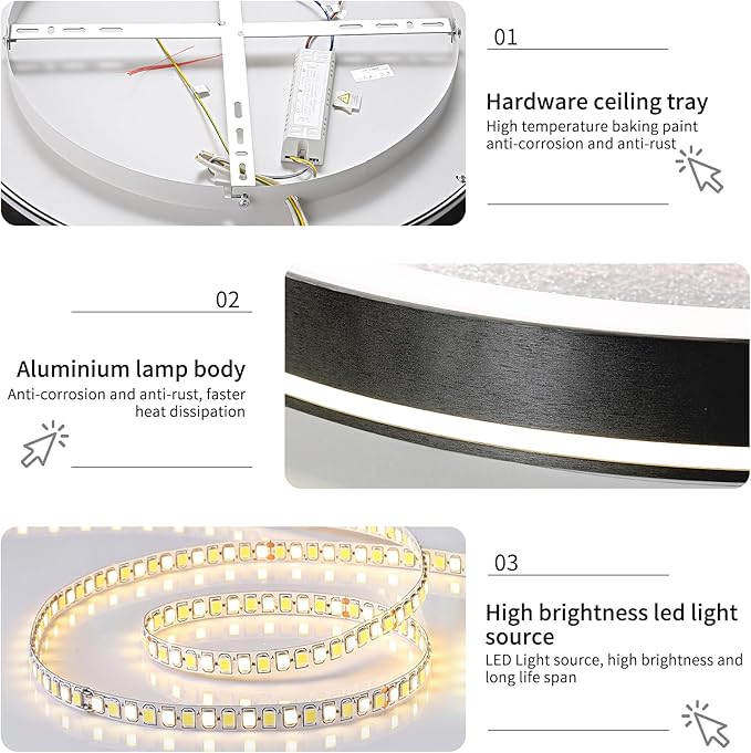 LED Flush Ceiling Light, 11in Black Round Ceiling Light Dimmable 3000K/4500K/6500K Color Recessed Lamp for Living Room, Bedroom, Office,Hallway