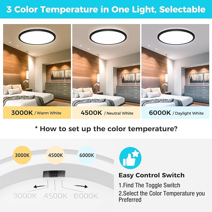 libtit 13 Inch Led Flush Mount Ceiling Light Fixtures, 3 Color 3000K-4500K-6000K Selectable, Thin Flat Round Lighting Fixture Surface Mount for Office Garage Hallway (Black, 12 Pack)