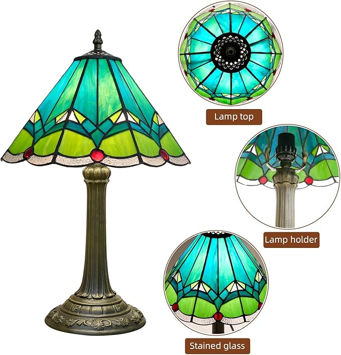 Green Tiffany Lamp Retro Rural Style Farmhouse Teal Bedroom Bedside Reading Light Living Room Hotel Bar Home Decor 12x19 Inch E26 Nightstand Unique Colored Bronze Metal Base Stainred Glass Table Lamp