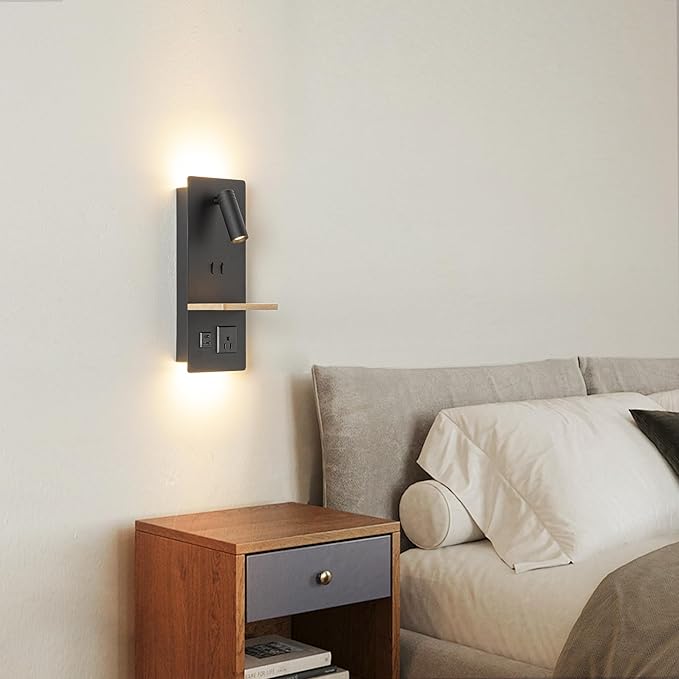 Swing LED Wall Sconce Plug in Cord for Bedroom, Modern 3-light Wall Light fixture with Shelf, charging port and Scoket for Living Room Reading Bedside, Modern Night Light Wall Decor, Black
