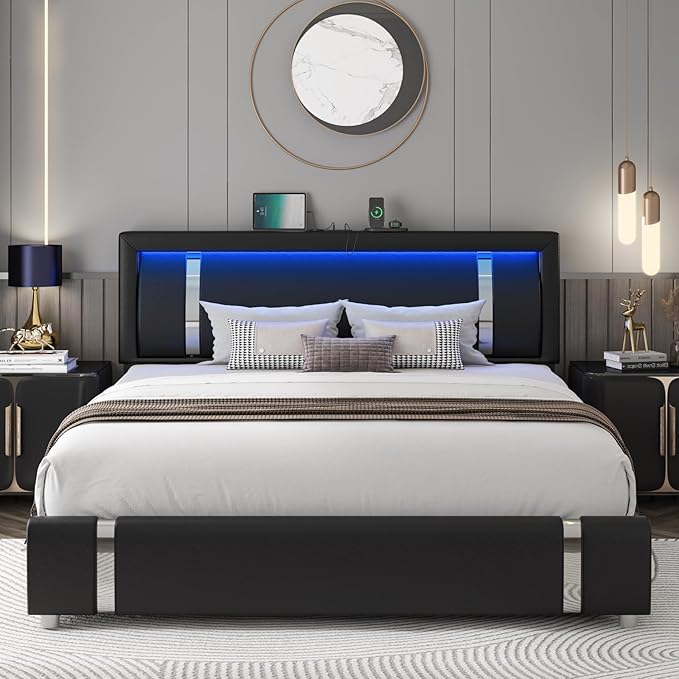 Full Size Bed Frame with RGB LED Lights Headboard & 2 Storage Drawers, Modern Upholstered Faux Leather Smart Platform Bed with Iron Metal Decor, USB & USB-C Charging Ports, No Box Spring Needed, Black