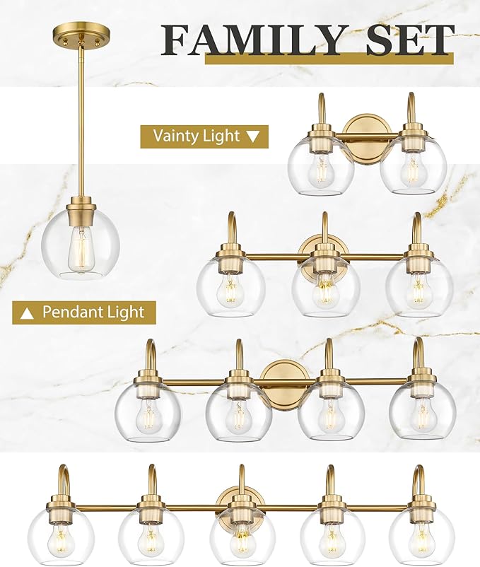 Bathroom Light Fixtures, 5-Light Brushed Gold Vanity Lights with Globe Clear Glass, 35 Inch Champagne Bronze Vanity Lighting Fixtures Over Mirror, AD-22280-5W-GD