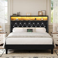 Queen Size Bed Frame with LED Lights and Headboard, Velvet Upholstered Bed Frames Queen with Charging Station and Storage, Modern Diamond and Rivet Design, No Box Spring Needed, Easy Assembly, Black