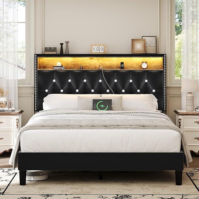 Queen Size Bed Frame with LED Lights and Headboard, Velvet Upholstered Bed Frames Queen with Charging Station and Storage, Modern Diamond and Rivet Design, No Box Spring Needed, Easy Assembly, Black