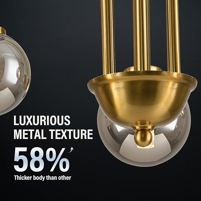 Modern Sputnik Globe Chandelier, 6-Light Brass Gold Linear Chandeliers for Dining Room and Kitchen Island, Mid Century Light Fixture Over Table, (Smoke Grey Glass Bubble Shades, 40 Inch)