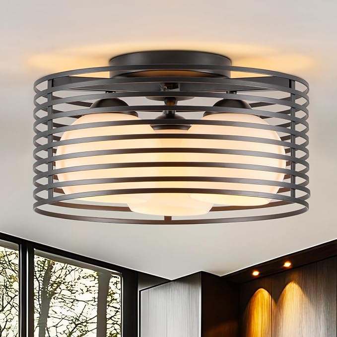 Modern Industrial Semi Flush Mount Ceiling Light, 3-Light Black Farmhouse Ceiling Light Fixture with Glass Shade, Hallway Lighting Fixture for Kitchen, Bedroom, Bathroom, Foyer, Laundry room 12.79in