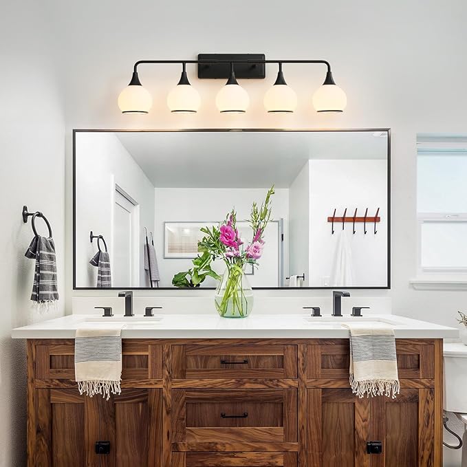 Black Bathroom Light Fixtures 5-Lights Vanity Lights with Milky White Frosted Glass Shade Bathroom Vanity Light 39.2 inch Wall Sconce Lighting Bath(Exclude E26 Bulb)