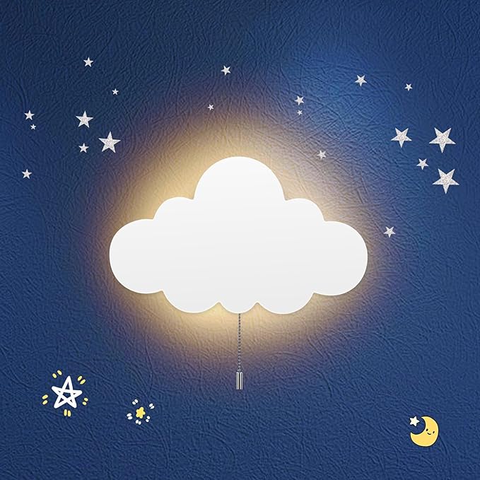 Cloud Light - Battery-Powered Wall Lamp for Nursery, Kids Bedroom & Baby Room, 3000K Warm Night Light with Pull-String Switch, Cordless 3.7V, Lightweight 33x20cm (No Charging Needed)