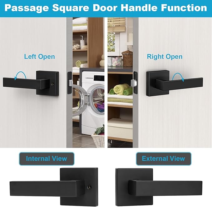 Estmoon 5 Pack Passage Door Handles Matte Black Door Knobs, Interior Door Knobs Square Heavy Duty Non-Locking Handlesets Hall Closet Handles, Reversible for Right & Left Sided Doors