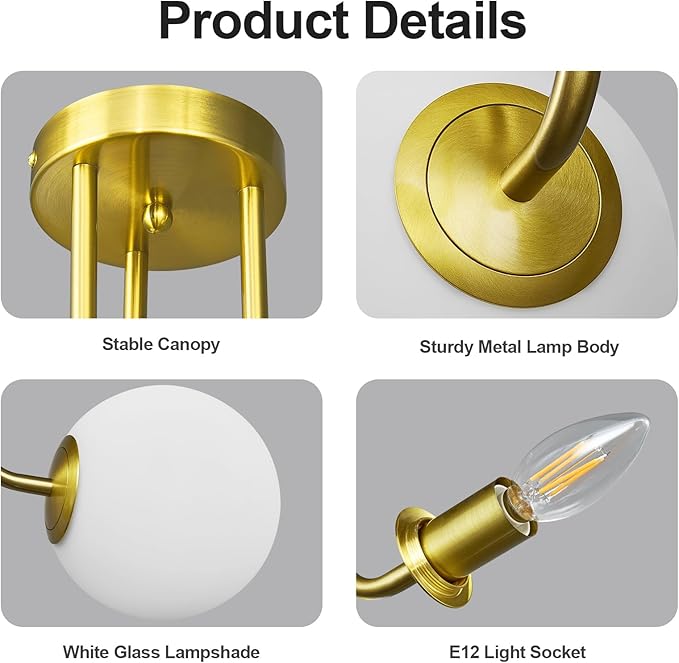 3-Light Modern Gold Ceiling Light with Globe White Glass Shade Mid Century Semi Flush Mount Ceiling Light Sputnik Chandeliers for Bedroom Living Room Dinning Room Foyer Hallway
