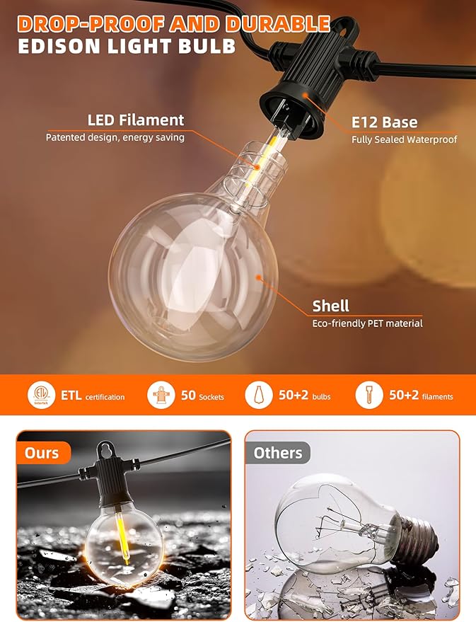 Kawaya Solar Powered String Lights for Outside, Outdoor IP65 Waterproof LED Patio Light with USB-Charging, Shatterproof Edison Hanging Lights for Bistro Yard Cafe Porch Camping (Solar-Power 100FT)