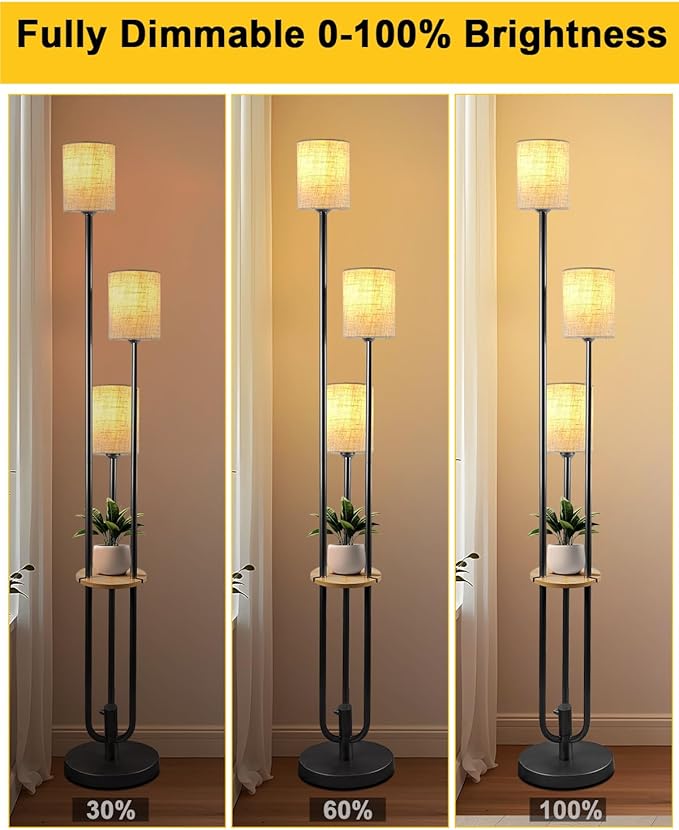 63IN Dimmable Floor Lamp with Shelf, Unique Black Tall Standing Lamps with Table, 3000K Warmwhite Mid Century Modern Floor Lamp for Living Room/Bedroom (Bulbs Included)