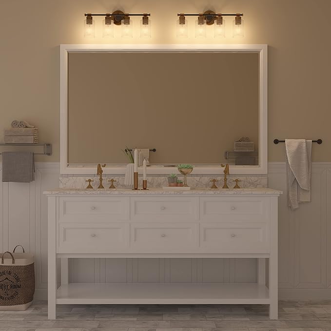 Inlight 23" Wide 4-Light Brass Gold Bathroom Vanity Light, Modern Black Bath Lighting, Clear Ribbed Glass Shade Wall Sconce, Bulb Not Included, IN-0445-4-GD