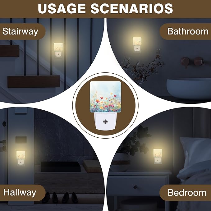 Night Light Watercolor Wildflower Field Night Lights Plug into Wall Smart Dusk to Dawn Sensor 0.5W Energy Efficient Led Lamp for Men Women Bedroom Bathroom Hallway Stairway Decor