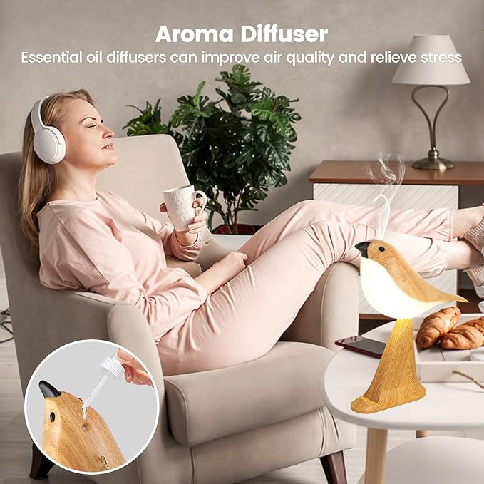 VoMii Small Bird Table Lamp with Timer, Touch & Remote Control & 3-Color Dimmable, Bedside Lamp, Rechargeable Battery, Cold/Warm Night Light, Portable Cute Lamp for Bedroom, Home Decor