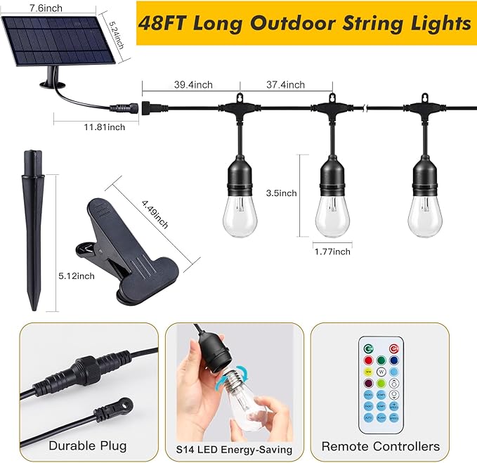 48FT Solar Outdoor String Lights, 15 Shatterproof Edison LED Bulbs, Dimmable RGB Color Changing Patio Lights with 8 Modes & Remote, Waterproof Commercial Grade for Garden, Yard, Party