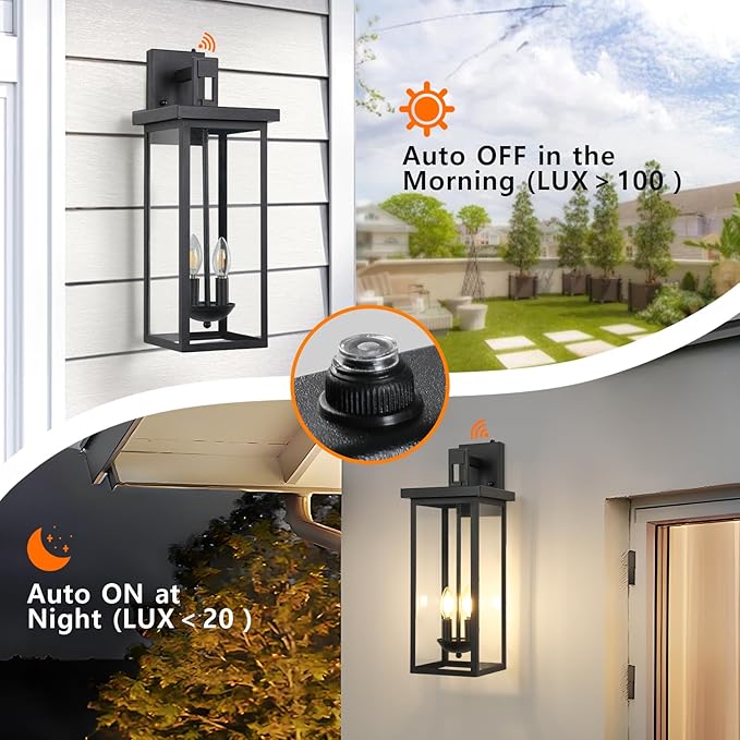 tewei 22 Inch Large Outdoor Wall Lights, Dusk to Dawn Exterior Lighting Fixtures Black Modern Porch Light Outdoor Wall Lantern Sconce Lights for House Garage with Clear Glass Shade, E12 Base, 2 Pack