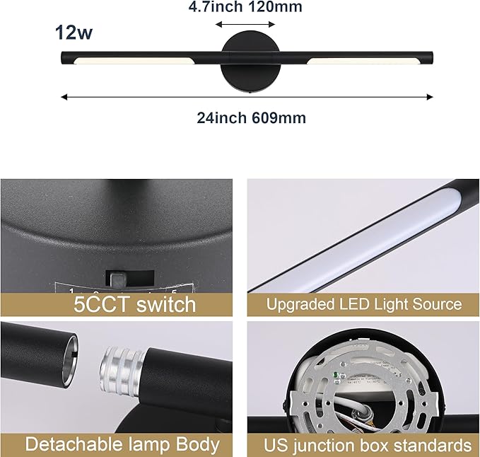 BONLICHT Modern Bathroom Vanity Light Black Light Fixtures for Bathroom Above Mirror 24 Inch Led Lights Bath Lighting Fixture 12W 350°Rotatable Dimmable 5CCT LED Indoor Sconce Wall Mount Picture Light