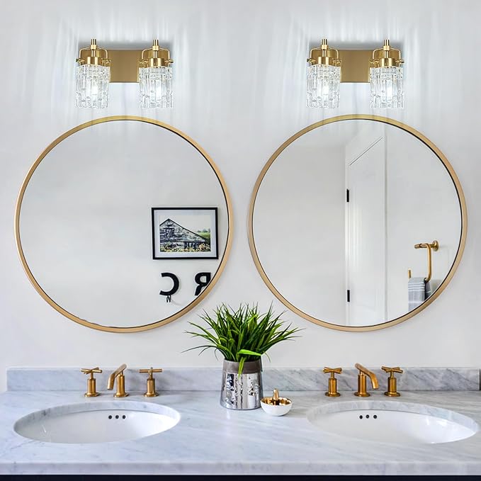 Modern Vanity Light with Crystal Glass Shade - 2-Light Gold Bathroom Light Fixtures Over Mirror