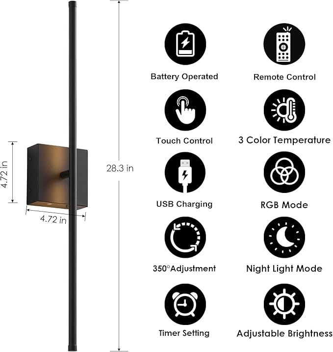 28.3 Inch 9 RGB Color Battery Operated Wireless Wall Sconces Set of Two, with Remote, Dimmable, Warm/Natural White/Daylight, Rotatable, LED Wall Light for Living Room, Bedroom, Black