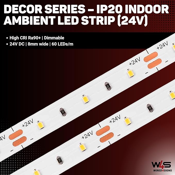 Wired4Signs Decor Indoor LED Strip Light 24V Dimmable Flexible High CRI 90+ Accent Cove Crown Molding Under Cabinet Baseboard Ambient White 5M (Warm White 3000K, 60 LEDs/m (1.32W/m))