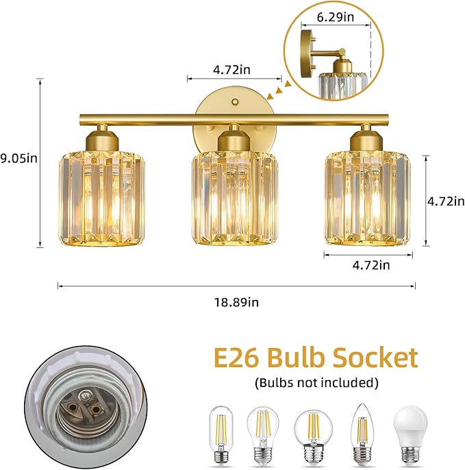 Modern 3 Light Crystal Vanity Light, Gold Vertical Bathroom Light Fixture Over Mirror for Dressing Table Sink, Compatible with Dimmable Bulbs (Bulbs Not Included)