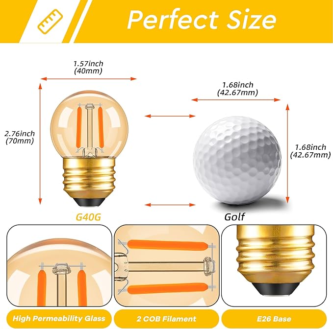 G40 LED Low Watt Light Bulbs Warm Glow E26 Amber 1W 10 Watt Light Bulb,Low Lumen Light Bulb Small Edison Short Decorative Dim Light Bulbs for Lamp,Bedroom,Warm White 2200K 100LM,Non Dimmable,2 PACK