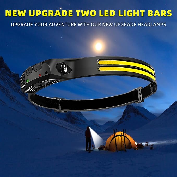 2PCS LED Headlamp Rechargeable - 230° COB Super Bright Head Lights for Forehead, Hard hat Light for Adults, USB C Headband Flashlight for Work, Hiking, Running, Camping Essentials Gear