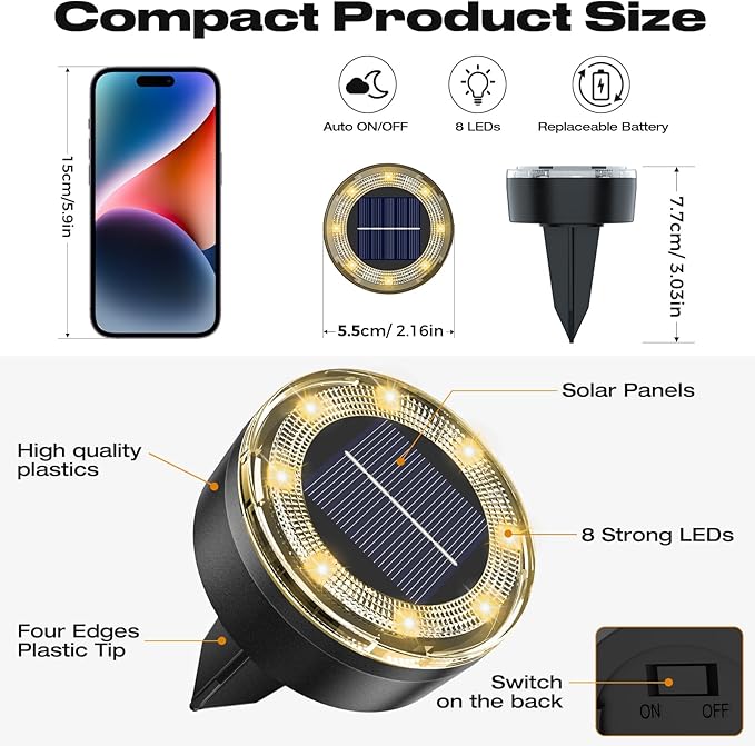 Mini Solar Ground Lights, 12 Pack Solar Lights Outdoor Waterproof, Upgraded LED Flat Landscape Lighting for Outside Pathway Garden Patio Yard Driveway,Warm White