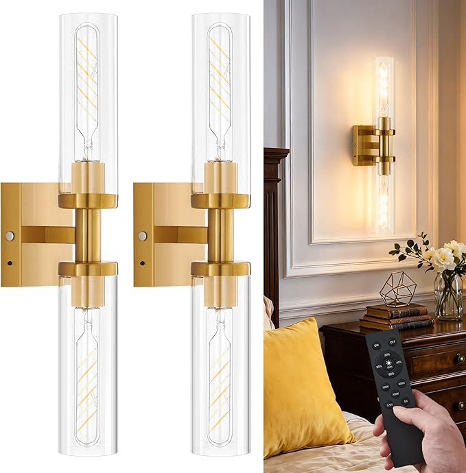 Gold Wireless Battery Operated Wall Sconces Set of 2，Glass Rechargeable Wall Lamps with Remote, Cordless Battery Powered Decor Lights Fixture for Bathroom Living Room Bedroom Hallway Entryway