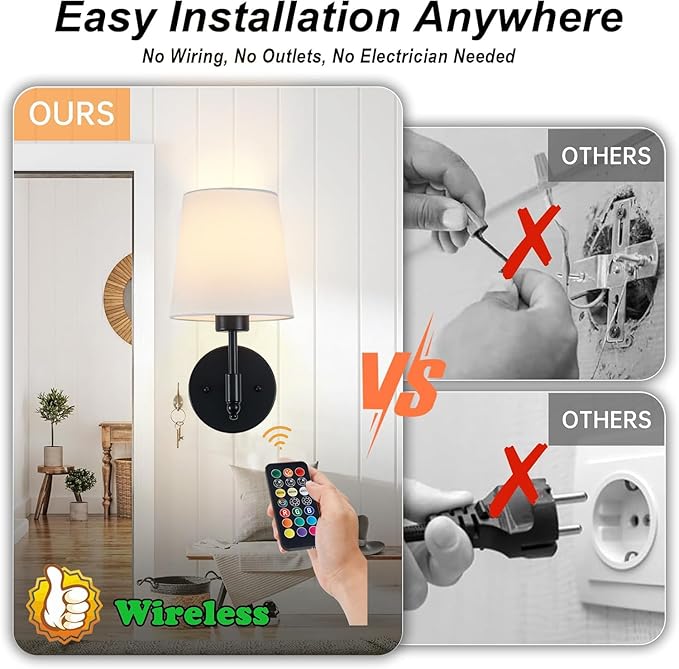 Rechargeable Wall Sconces Set of 2, Black Cordless Battery Operated Sconce with Dimmable LED Bulb and Remote, 13 Colors Wall Lights for Bedroom Living Room Hallway
