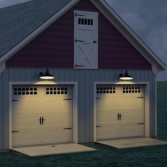 Dusk to Dawn Sensor Outdoor Barn Light Fixtures, 16 Inch Dome Farmhouse Outdoor Wall Sconces, Rustic Exterior Wall Mount Lights, Industrial Black White Lanterns for Porch, 2 Pack